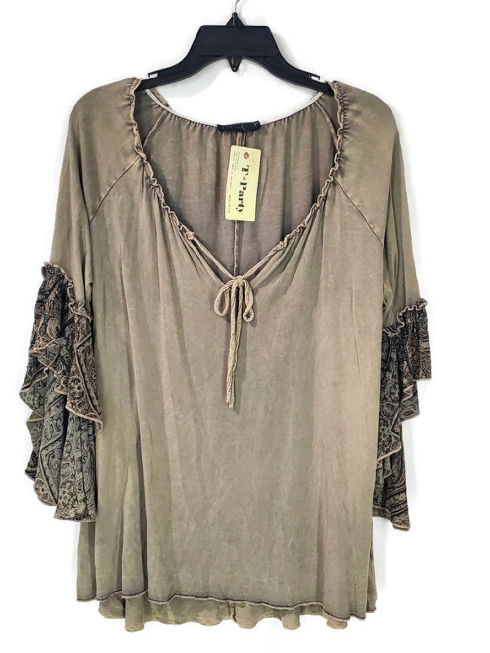 T Party Sage Green Acid Washed Stretchy 3/4 Bell Long Sleeve Top Small Boho NWT